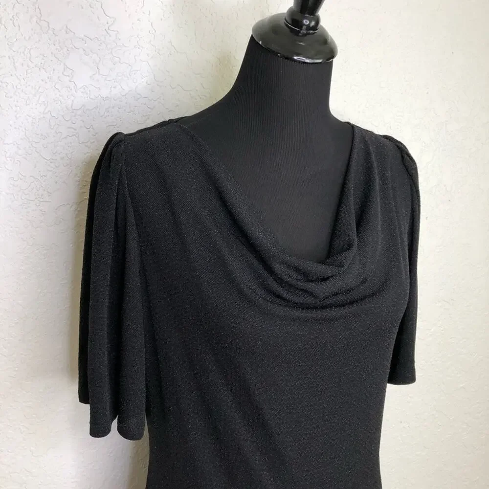 Frank Lyman Design black metallic cowl neck slit sleeve midi dress size 12